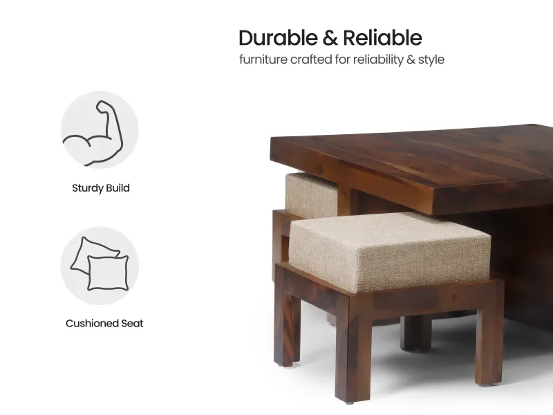 Belle Solid Wood Coffee Table with 4 Stools